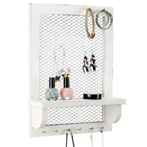 MyGift Wall Mounted Wood Jewelry Storage Organizer Unit - Vintage White Wooden Shelf and Mesh Panel with 8 Hooks