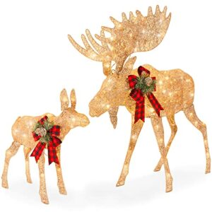 Best Choice Products 2-Piece Moose Family, Lighted Outdoor All-Weather Christmas Yard Decoration Light-Up Décor Set w/ 170 LED Lights, Ground Stakes, Zip Ties - Gold
