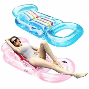 FindUWill Inflatable Pool Lounge, 2 Pack Inflatable Pool Floats with Headrest, Backrest & Footrest, Pool Raft Swimming Pool Lounger with Cup Holder (DeepSkyBlue&LightPink)