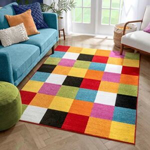 Well Woven Modern Rug Squares Multi Geometric Accent 5' x 7' Area Rug Entry Way Bright Kids Room Kitchn Bedroom Carpet Bathroom Soft Durable Area Rug