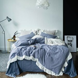 SUSYBAO Denim Striped Duvet Cover King 100% Washed Cotton Blue Ruffled Cute Duvet Cover Set 3 Pcs 1 White Lace Farmhouse Duvet Cover with Zipper Ties 2 Pillow Shams Luxury Soft Princess Ruffle Bedding
