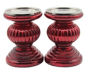 Mercury Glass Pillar Candle Holders Set of 2, with 3 LED Lights Inside, Candle Holders for Pillar Candle, Perfect Decoration Candlesticks Sets, Ideal for Dining Room, Home, Christmas Decor (Red)
