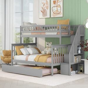 Solid Wood Twin Over Full Bunk Beds with Trundle and Storage, Kids Bunk Beds with Twin Trundle Bed (Gray Twin Over Full Bunk Beds)