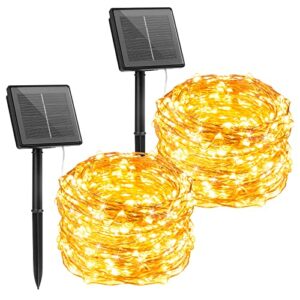 Brightown Outdoor Solar String Lights, 2 Pack 33Feet 100 Led Solar Powered Fairy Lights with 8 Modes Waterproof Decoration Copper Wire Lights for Patio Yard Trees Christmas Wedding Party (Warm White)