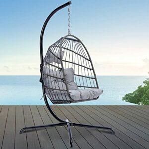 Egg Chair with Stand Indoor Outdoor Rattan Wicker Hanging Egg Chair with Stand Luxury Egg Swing Chair with Legs Adult Teen Egg Basket Chair for for Patio Porch Lounge Yard Bedroom (Light Grey)