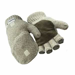 RefrigiWear Thinsulate Insulated Ragg Wool Convertible Mitten Fingerless Gloves with Suede Palm (Brown, Large)