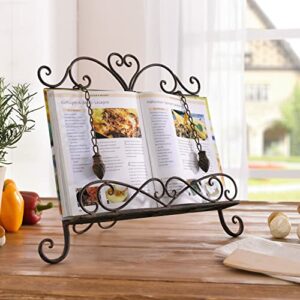 Holiday Gift - Antique Metal Kitchen Cookbook Stand, Recipe Book Holder, iPad Holder, Cookery Book Easel with Weighted Chains, Rustic Dark Brown