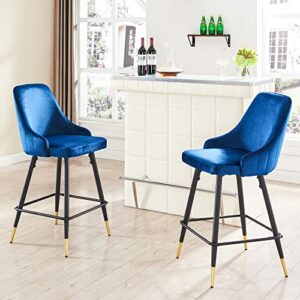 Velvet Barstools Set of 2, WISOICE Counter Height Bar Stools with Back and Footrest, Navy Blue Counter Stools Modern Bar Chairs for Bar/Coffee Kitchen/Living Room