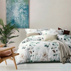 MILDLY 100% Egyptian Cotton Duvet Cover Sets, Gradient Teal Leaves Pattern Bedding Sets 3pcs, Ultra Soft and Breathable Chic Quilt Cover for All Season (1 Queen Comforter Cover + 2 Pillow Shams)