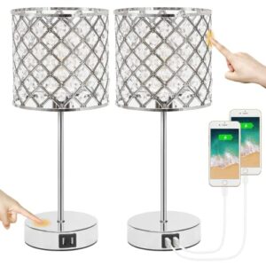 Boncoo Crystal Table Lamp with 2 USB Ports Set of 2, 3-Way Dimmable Bedside Lamp, Silver Touch Lamp with Elegant Shade Nightstand Lamp for Bedroom Living Room, B11 6W LED Bulb Included