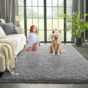 Kimicole Grey Area Rug for Bedroom Living Room Carpet Home Decor, Upgraded 4x5.9 Cute Fluffy Rug for Apartment Dorm Room Essentials for Teen Girls Kids, Shag Nursery Rugs for Baby Room Decorations