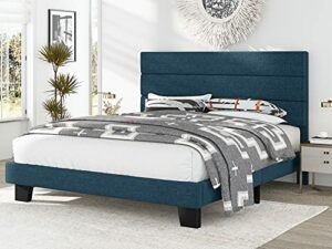 Allewie King Size Platform Bed Frame with Fabric Upholstered Headboard and Wooden Slats Support, Fully Upholstered Mattress Foundation/No Box Spring Needed/Easy Assembly, Navy Blue