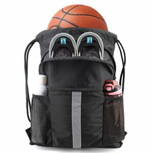 BeeGreen Drawstring Backpack Bag with Shoe Compartment X-Large Black Gym Sports String Cinch Backpack Athletic Sackpack with Front Inside Zipper Pockets and Mesh Water Bottle Holders for Women Men