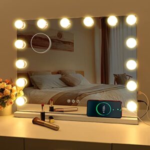 FENCHILIN Vanity Mirror with Lights, Hollywood Lighted Makeup Mirror with 14 Dimmable LED Bulbs for Dressing Room & Bedroom, Tabletop or Wall-Mounted, Slim Metal Frame Design (White)