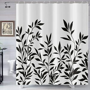 GCIREC Black and White Floral Shower Curtain, Black White Modern Abstract Watercolor Eucalyptus Leaves Waterproof Fabric Shower Curtain for Bathroom Set with 12 Hooks