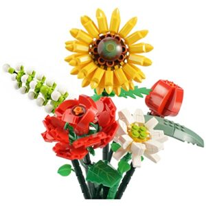 PinkBee Flower Bouquet 2021, Mini Sunflower Rose Building Block Sets for Women Artificial Flowers Creative Toys Kits Birthday Christmas Xmas Gifts for Her Girlfriends Home Decor 2022 (568 PCS
