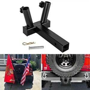 Universal Hitch Mount Dual Flag Pole Holder Fit for Jeep, SUV, RV, Pickup Etc. Compatible with 2 inch Hitch Receivers with Anti-Wobble Screw