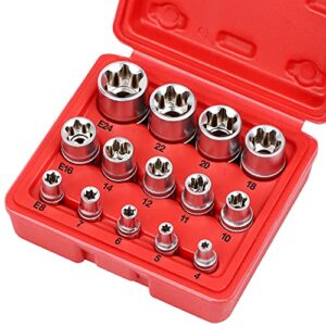 SEDY 14-Pieces Female E-TORX Star Socket Set with Red Case, 1/4