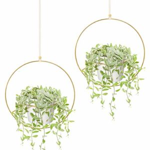 Mkono Boho Hanging Planter, Set of 2 Round Metal Plant Hanger with Plastic Plant Pot, Modern Wall and Ceiling Planter Mid Century Flower Pot Holder, Fits 6 Inch Planter (Plastic Pots Included), Gold