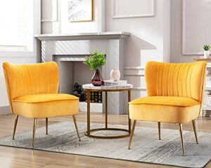 Janoray Velvet Accent Chair Set of 2 Comfy Living Room Chair Armless Slipper Chair Mid Century Side Chair Single Sofa Chair with Golden Legs Wingback for Bedroom Guest Room, Yellow