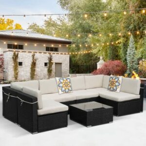 SUNVIVI OUTDOOR 7 Piece Patio Furniture Sets, All Weather Black PE Wicker Furniture Set, Outdoor Sectional Conversation Sofa Set with Coffee Table, Removable Cushions