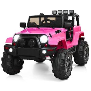 Costzon Ride On Truck, 12V Battery Powered Electric Ride On Car w/ Parental Remote Control, LED Lights, Double Open Doors, Safety Belt, Music, MP3, Spring Suspension (Pink)