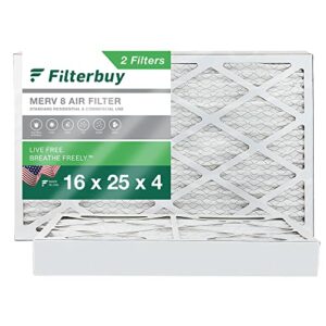 Filterbuy 16x25x4 Air Filter MERV 8 Dust Defense (2-Pack), Pleated HVAC AC Furnace Air Filters Replacement (Actual Size: 15.38 x 24.38 x 3.63 Inches)