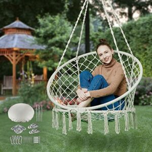 Greenstell Swing Hanging Chair, Hold Up to 350LBS/158KG Hammock Chair with Hanging Kits and Removable & Washable Cushion, Cotton Rope Macrame Swing Chair for Outdoor, Indoor, Grey