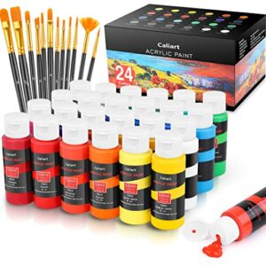 Caliart Acrylic Paint Set With 12 Brushes, 24 Colors (59ml, 2oz) Art Craft Paints for Artists Kids Students Beginners & Painters, Canvas Halloween Pumpkin Ceramic Wood Rock Painting Art Supplies Kit