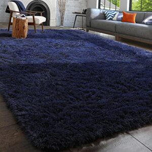 PAGISOFE Super Soft Fluffy Velvet Fabric Indoor Room Area Rugs Carpets for Living Room Bedroom Kids Nursery Decor Dining Floor Non Slip Shag Rectangle Rug 4x5.3 Feet (Navy Blue)