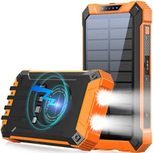 Solar Power Bank 36000mAh Built in 4 Cables Qi Wireless Charger with Dual LED Flashlights Solar Portable External Battery IPX4 Waterproof 15W 5V/3A USB C Port Six Outputs Three Inputs(Orange)