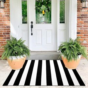 KOZYFLY Black and White Striped Rug 3'x5' Indoor Outdoor Rugs Hand Woven Cotton Washable Striped Layered Doormats for Front Door/Kitchen/Farmhouse/Entryway/Patio