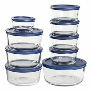 Anchor Hocking Glass Food Storage Containers with Navy SnugFit Lids (18-piece, round, BPA and lead free, glass tempered tough for oven, microwave, fridge, and freezer)