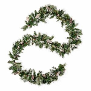 Christopher Knight Home 9-Foot Mixed Spruce Pre-Lit Clear LED Artificial Christmas Garland with Snow and Glitter Branches and Frosted Pinecones, Battery-Operated, Includes Timer, Green