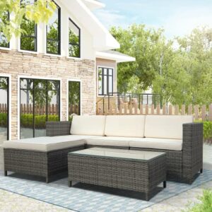 SUNVIVI OUTDOOR 5 Pieces Patio Furniture Sets All Weather Outdoor Sectional Sofa Manual Weaving Wicker Rattan Patio Conversation Set with White Washable Cushions and Glass Table