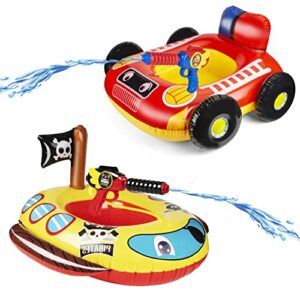 2 Pack Inflatable Kids Pool Float with Water Gun, Firetruck and Pirate Ship Pool Floats for Toddler, Blow Up Swimming Pool Toys for Toddlers, Fun Boat Shaped Ride-On Floaties for Boys Girls and Child