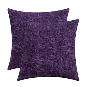 CaliTime Pack of 2 Cozy Throw Pillow Covers Cases for Couch Sofa Home Decoration Solid Dyed Soft Chenille 18 X 18 Inches Plum Purple