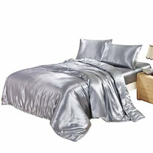 Duvet Cover Set King Size Silky Satin Microfiber Solid Silver Grey Bedding with Hidden Zipper Ties Soft Reversible Stain Soft Hotel Quality Quilt / Comforter Cover Set