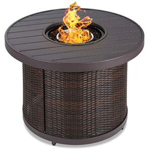 Best Choice Products 32in Round Gas Fire Pit Table, 50,000 BTU Outdoor Wicker Patio Propane Firepit w/Faux Wood Table Top, Glass Beads, Cover, Hideaway Tank Holder, Lid - Brown