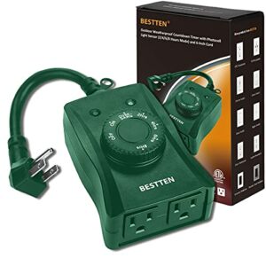 BESTTEN Weatherproof Outdoor Plug-in Photocell Timer Switch with 2 Grounded Outlets, Light Sensor and Dusk to Dawn Countdown Timer, for Christmas Decorations and Outdoor Lighting, Green, ETL Listed