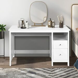 Vikiullf White Writing Desk with Drawers - 47” Modern Home Office Study Computer Desk with Storage Cabinet & Open Shelf, Simple Vanity Table for Bedroom