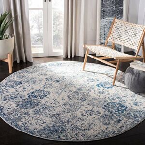 SAFAVIEH Madison Collection 4' x 4' Round White / Royal Blue MAD611C Boho Chic Floral Medallion Trellis Distressed Non-Shedding Dining Room Entryway Foyer Living Room Bedroom Area Rug