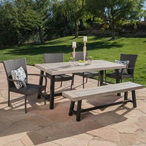 Christopher Knight Home Cooper Outdoor Stacking Wicker Dining Set with Acacia Wood Table and Bench, 6-Pcs Set, Sandblast Light Grey / Black Rustic Metal / Grey