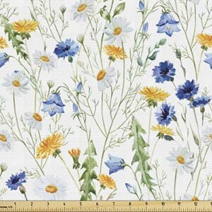 Ambesonne Flower Fabric by The Yard, Wild Flowers Poppies and Daisies Rural Nature Scenery in Meadows Rustic, Decorative Fabric for Upholstery and Home Accents, 1 Yard, Yellow White