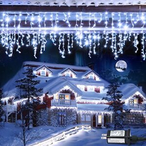 JMEXSUSS 38.8FT 400 LED Icicle Lights 8 Modes Waterproof Christmas Icicle Lights Outdoor with 80 Drops , Indoor Cool White Curtain Icicle Lights