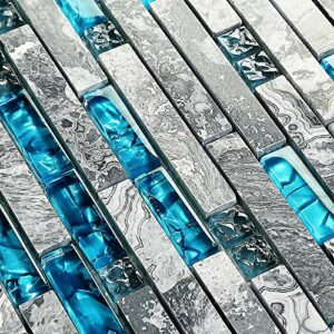 Hominter 5-Sheets Gray Marble Backsplash Wall Tiles, Teal Blue Glass Bathroom Shower Tile, Random Interlocking Patterns Mosaic for Kitchen 9805