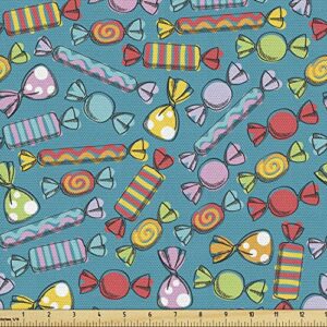Ambesonne Colorful Fabric by The Yard, Continuous Candies Pattern Snacks Celebration Illustration, Decorative Fabric for Upholstery and Home Accents, 1 Yard, Blue Yellow