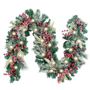 WANNA-CUL Pre-Lit 6ft/72 Inch Christmas Garland Decor with Lights Farmhouse Lighted Christmas Mantel Garland with Frosted Red Berries and Snowy Artificial Spruce, Battery Operated 30 LED