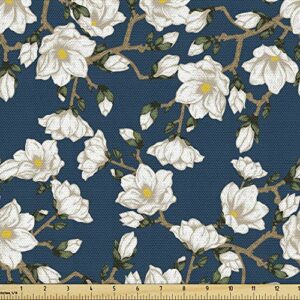 Lunarable Floral Fabric by The Yard, Magnolia Blossoms Dignity Nobility Tradition Royal Themed Vintage Flower Scene, Decorative Fabric for Upholstery and Home Accents, 1 Yard, Blue Yellow
