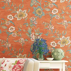 Peel and Stick Vintage Floral Wallpaper Self Adhesive Non-Woven Flower Contact Paper Kitchen Bathroom Backsplash Wall Paper Mural Sticker (Orange, 20.86inx9.8ft)